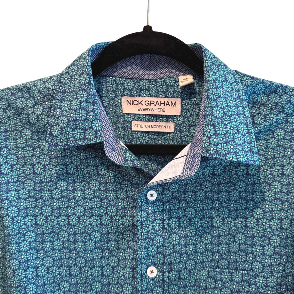 Nick Graham Everywhere Mens Medium Teal Floral Stretch Modern Fit Button Down‎